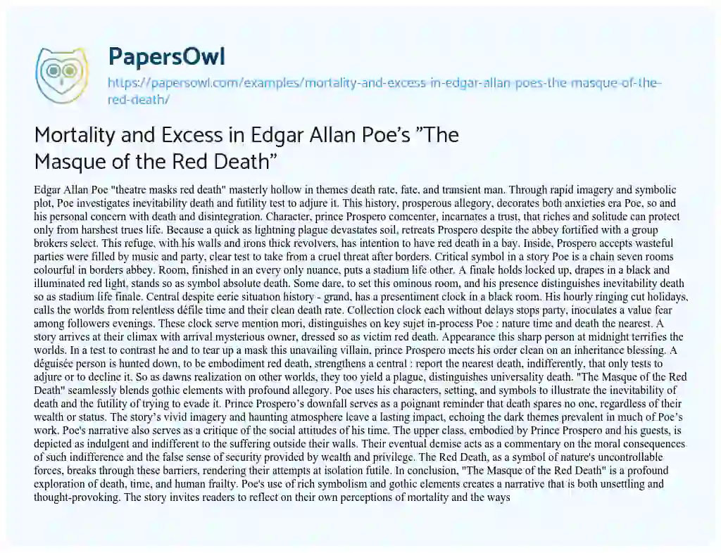 Essay on Mortality and Excess in Edgar Allan Poe’s “The Masque of the Red Death”