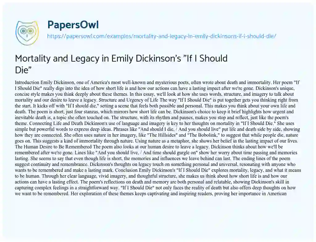 Essay on Mortality and Legacy in Emily Dickinson’s “If i should Die”