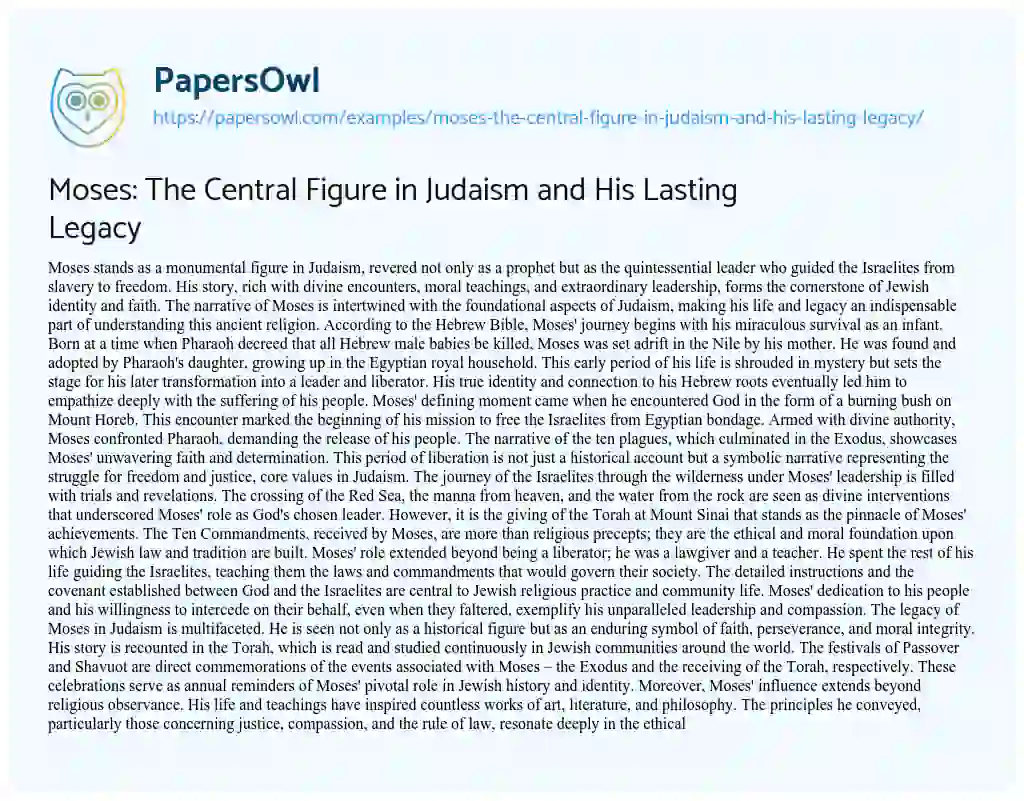 Essay on Moses: the Central Figure in Judaism and his Lasting Legacy