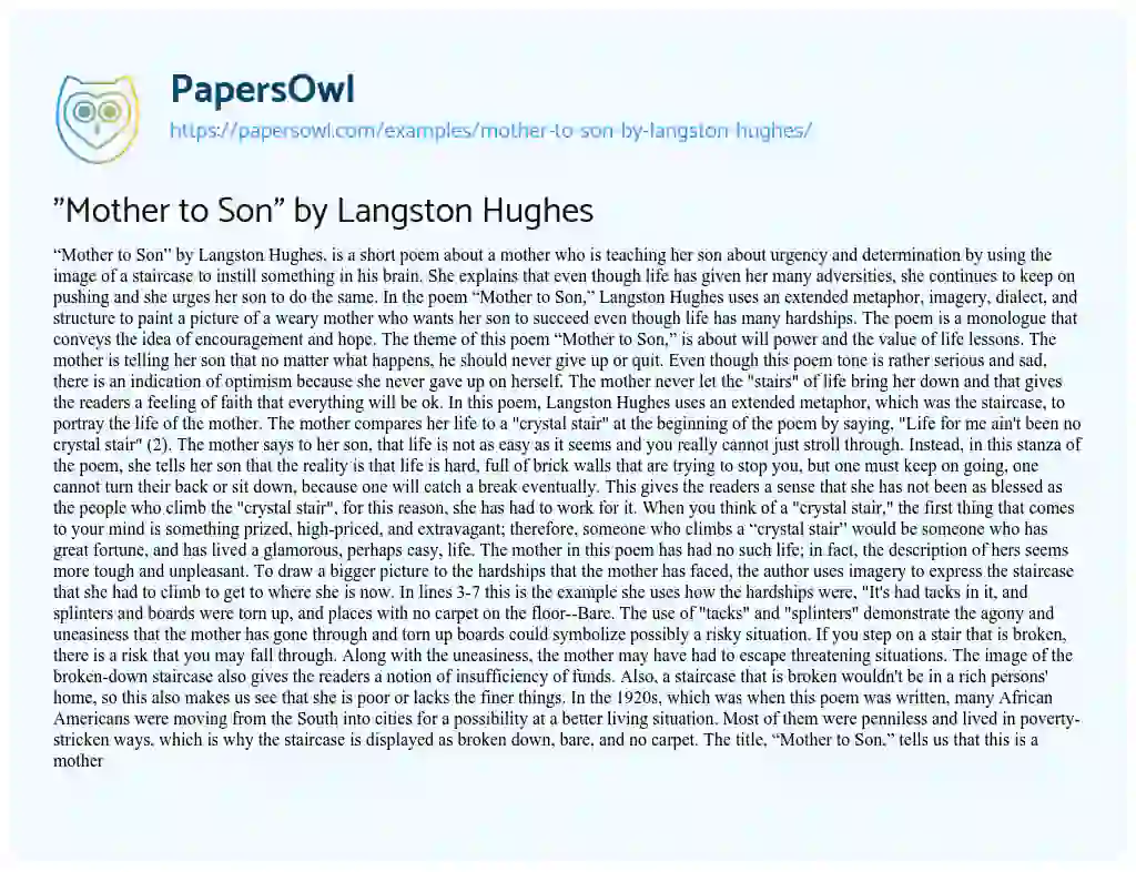 Essay on “Mother to Son” by Langston Hughes