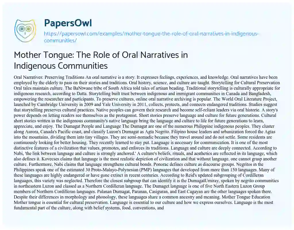 Essay on Mother Tongue: the Role of Oral Narratives in Indigenous Communities
