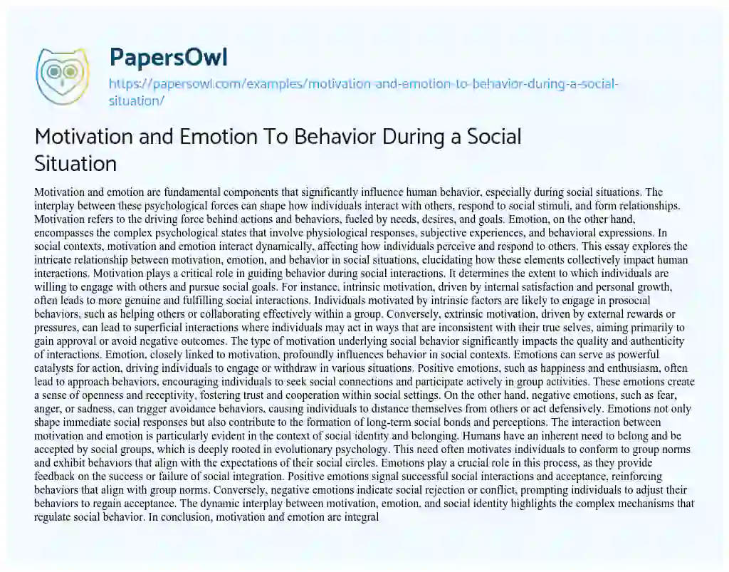 Essay on Motivation and Emotion To Behavior During a Social Situation