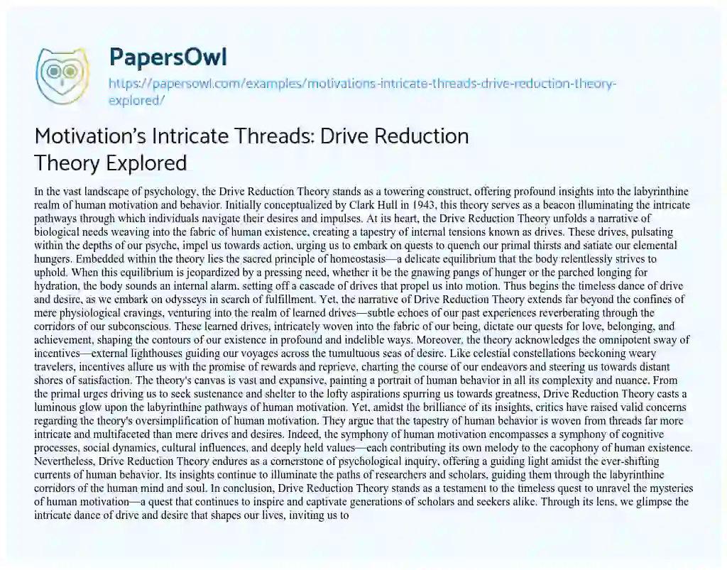 Essay on Motivation’s Intricate Threads: Drive Reduction Theory Explored