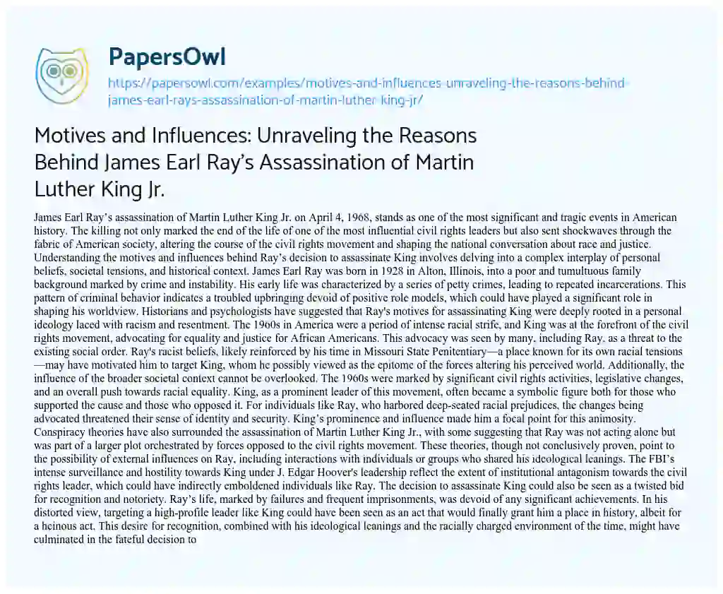 Essay on Motives and Influences: Unraveling the Reasons Behind James Earl Ray’s Assassination of Martin Luther King Jr.