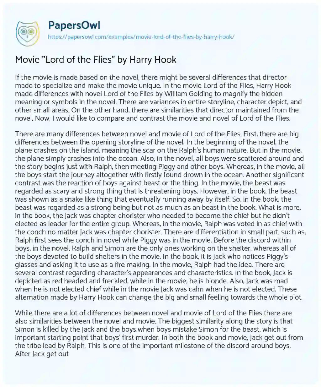 Essay on Movie “Lord of the Flies” by Harry Hook