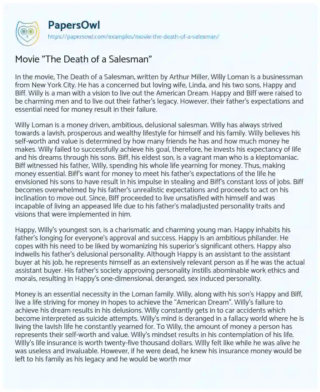 Essay on Movie “The Death of a Salesman”