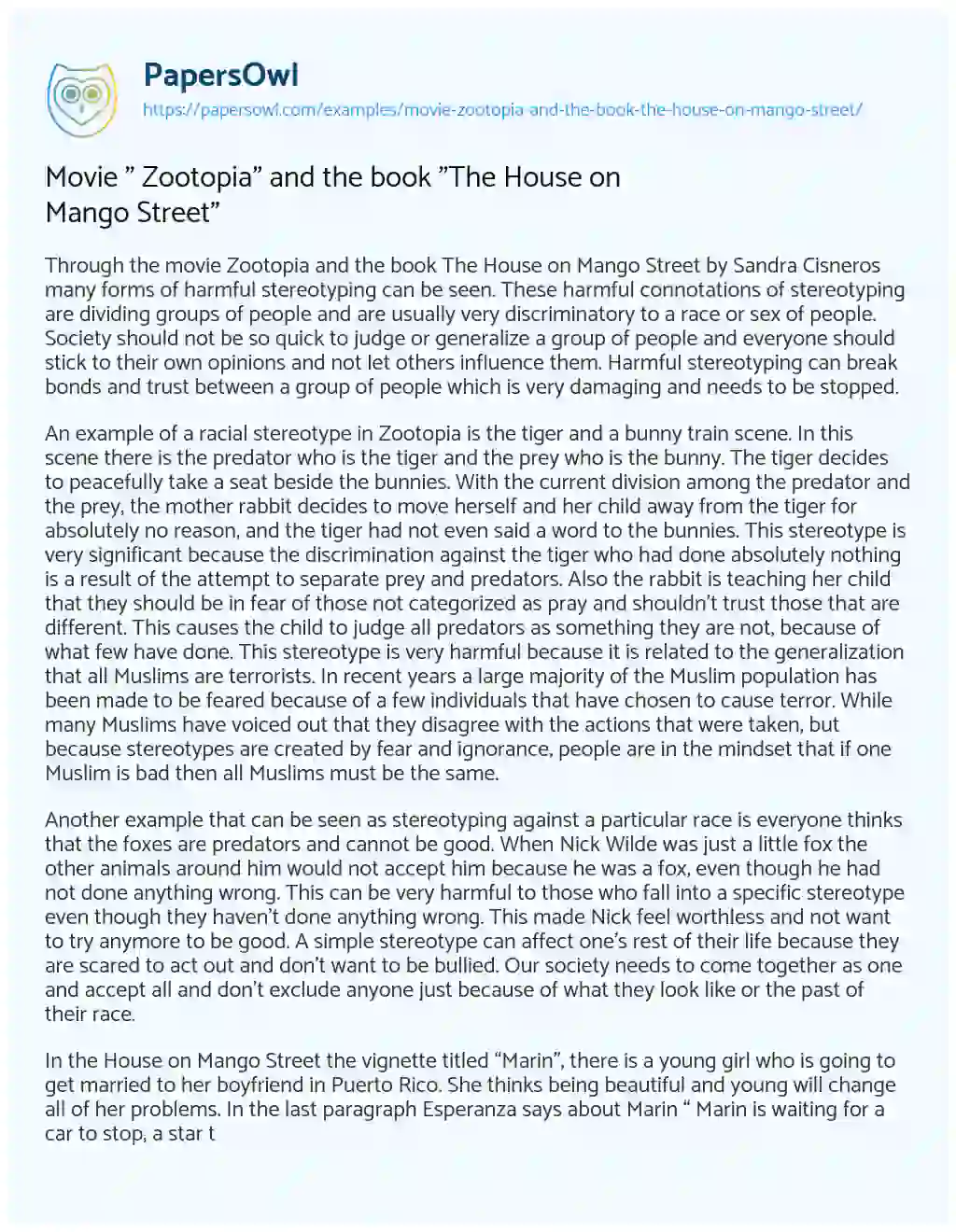 Movie ” Zootopia” and the Book “The House on Mango Street” essay