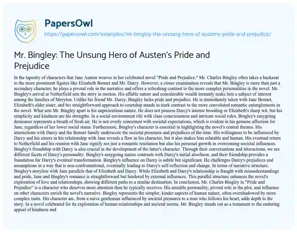Essay on Mr. Bingley: the Unsung Hero of Austen’s Pride and Prejudice