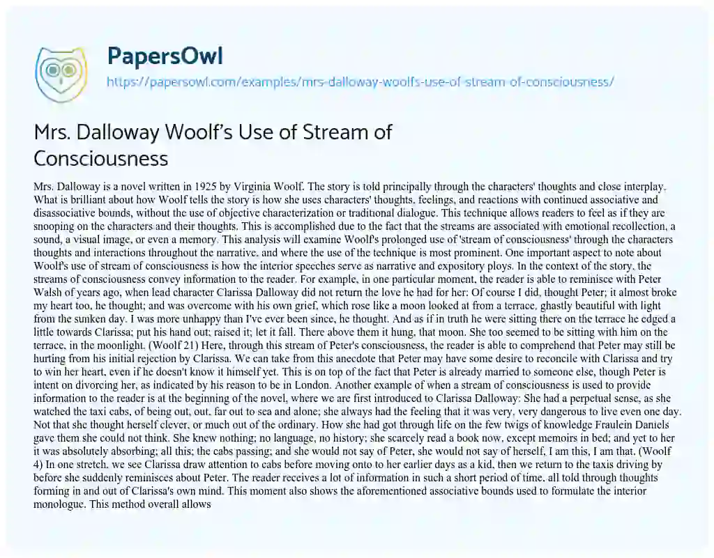 Essay on Mrs. Dalloway Woolf’s Use of Stream of Consciousness