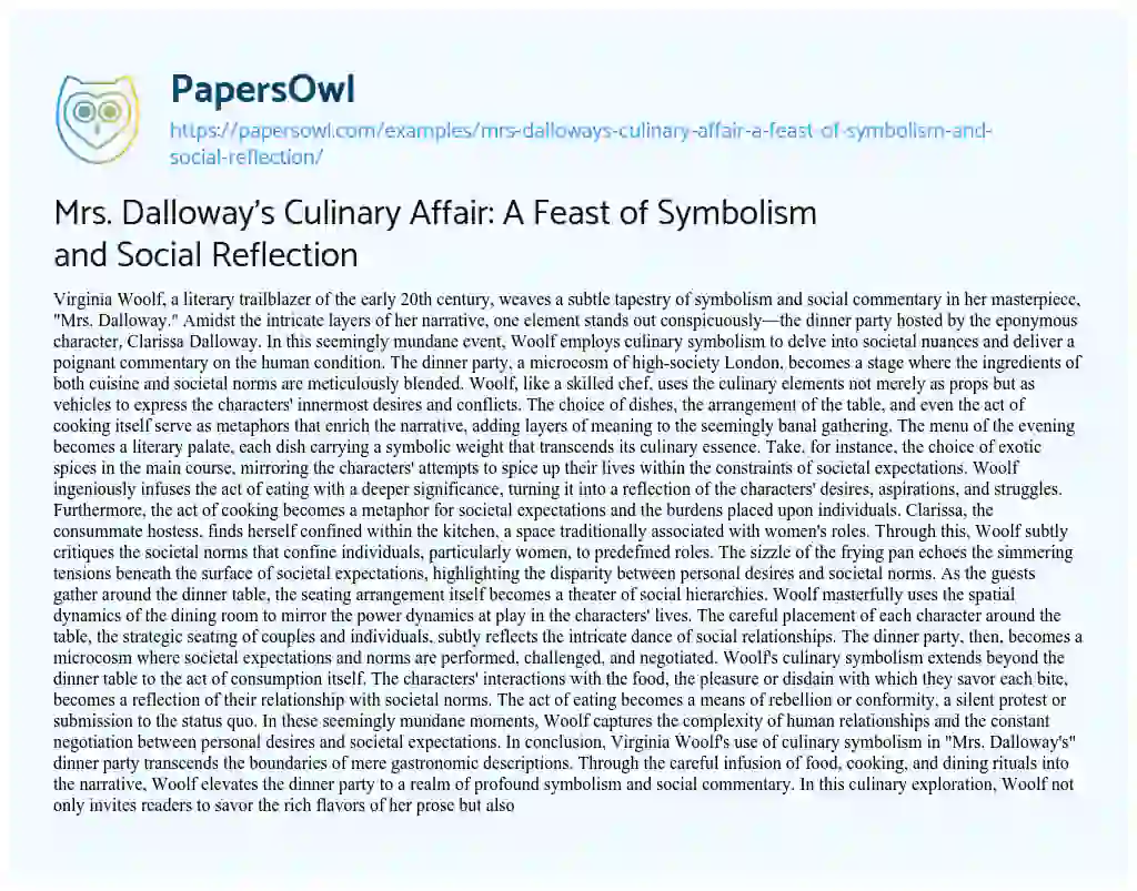 Essay on Mrs. Dalloway’s Culinary Affair: a Feast of Symbolism and Social Reflection