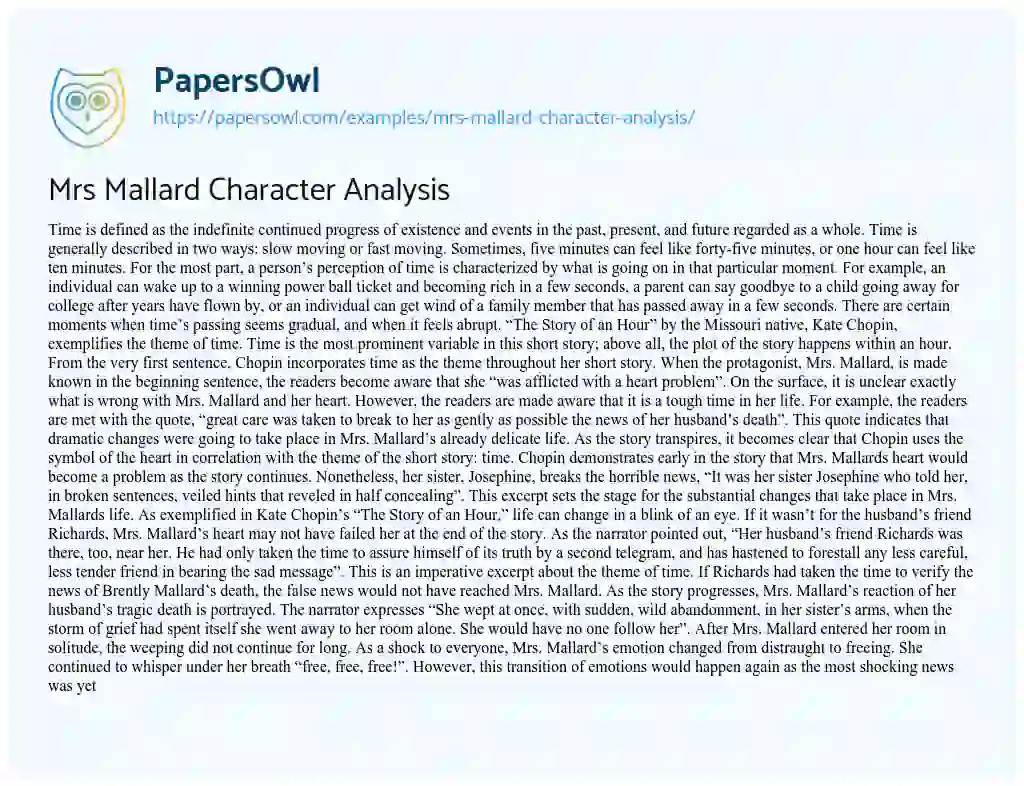Essay on Mrs Mallard Character Analysis