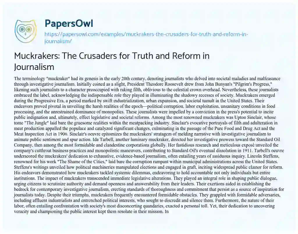 Essay on Muckrakers: the Crusaders for Truth and Reform in Journalism