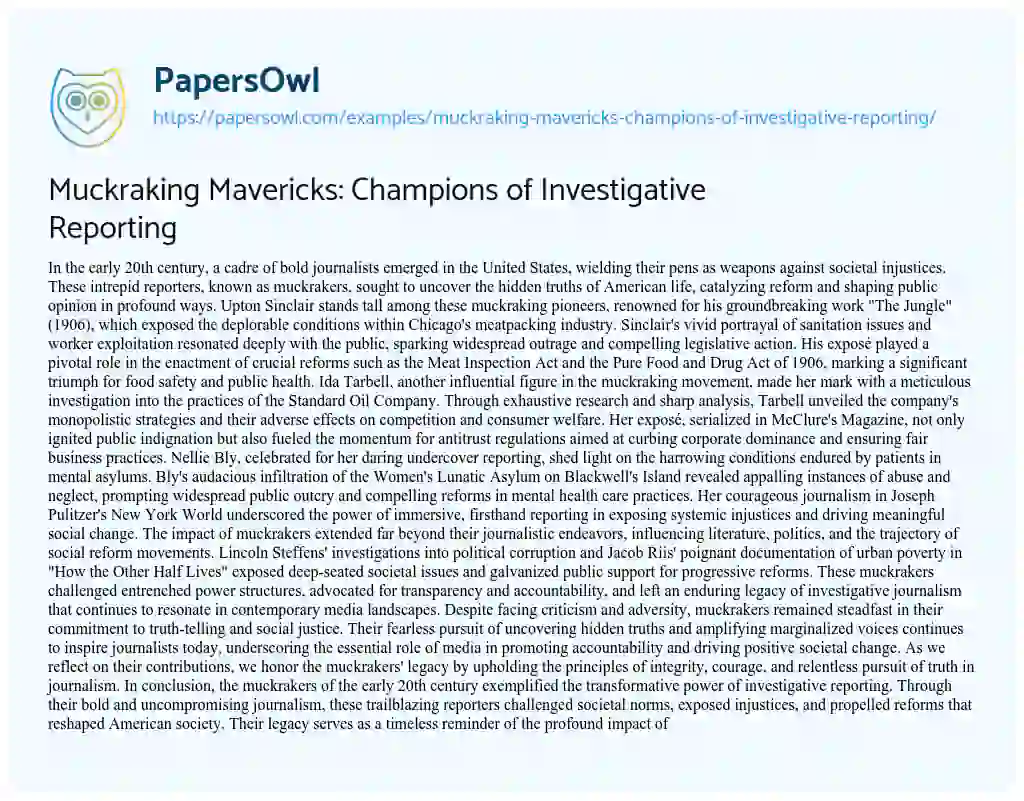 Essay on Muckraking Mavericks: Champions of Investigative Reporting