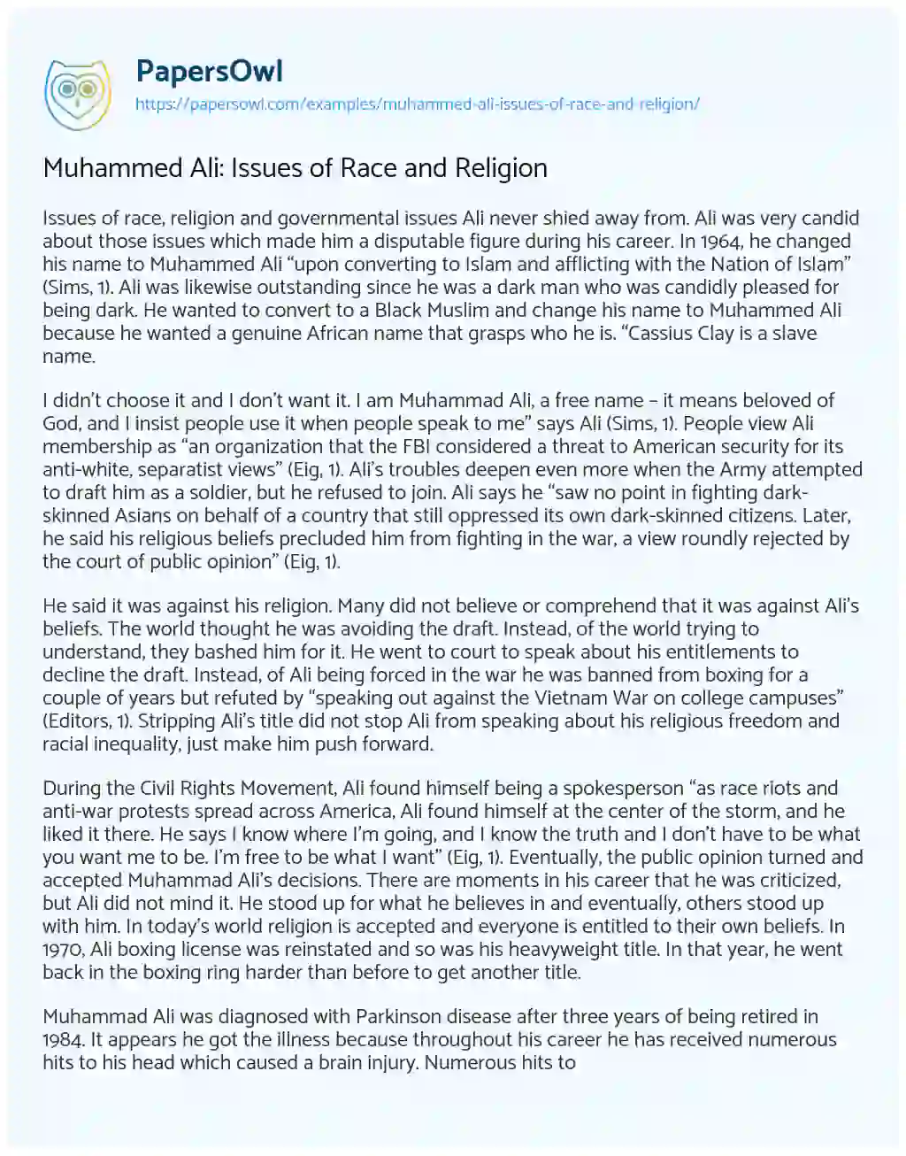 Essay on Muhammed Ali: Issues of Race and Religion