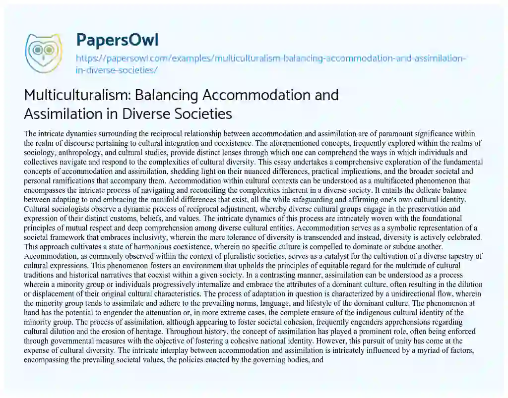 Essay on Multiculturalism: Balancing Accommodation and Assimilation in Diverse Societies