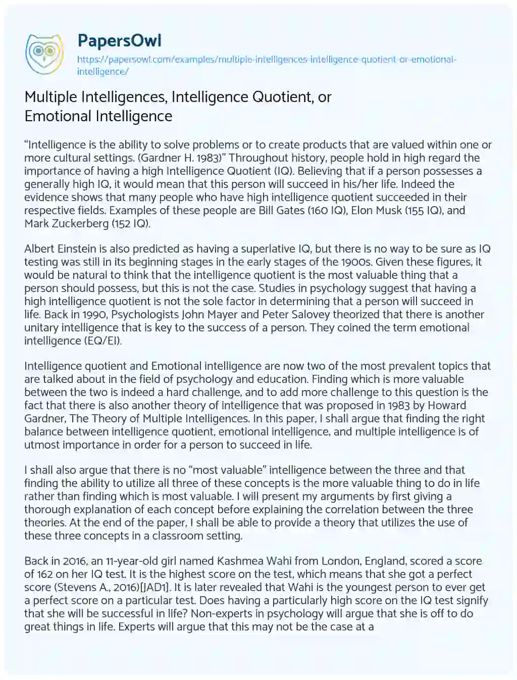 Multiple Intelligences, Intelligence Quotient, or Emotional ...