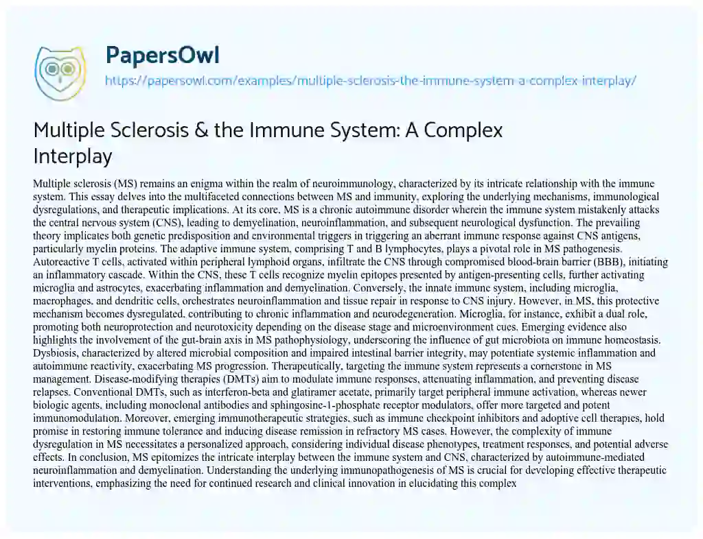 Essay on Multiple Sclerosis & the Immune System: a Complex Interplay