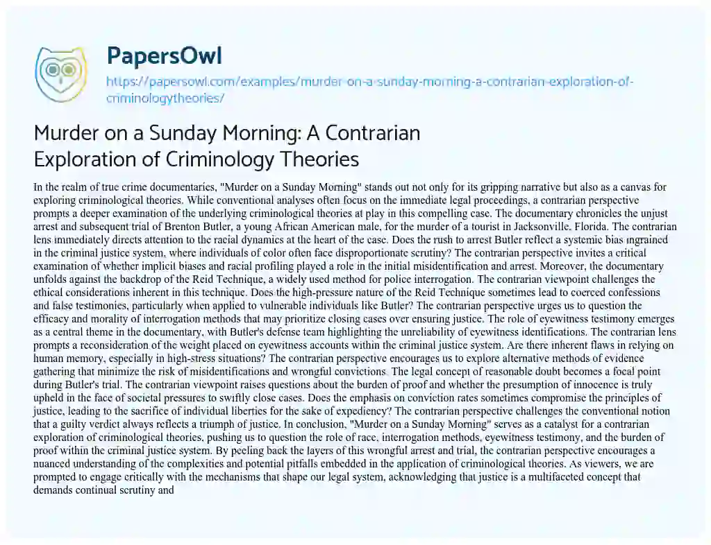 Essay on Murder on a Sunday Morning: a Contrarian Exploration of Criminology Theories