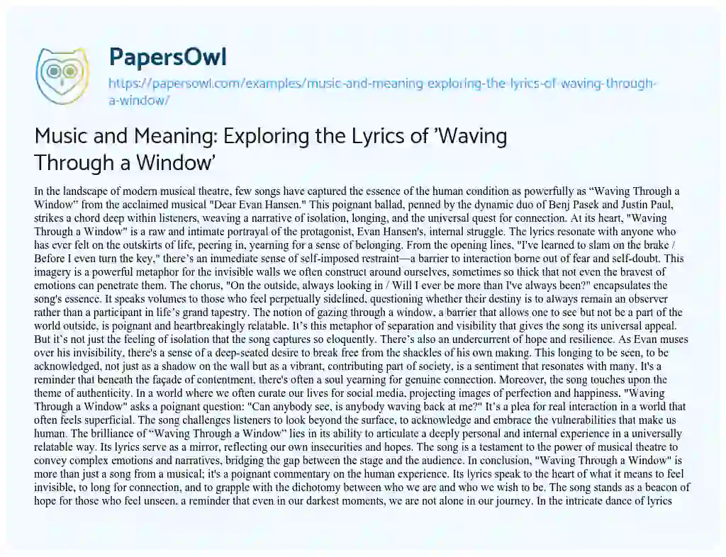 Essay on Music and Meaning: Exploring the Lyrics of ‘Waving through a Window’
