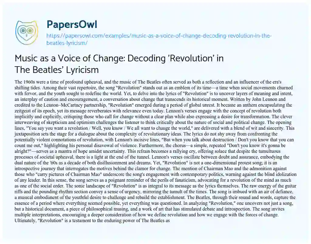 Essay on Music as a Voice of Change: Decoding ‘Revolution’ in the Beatles’ Lyricism