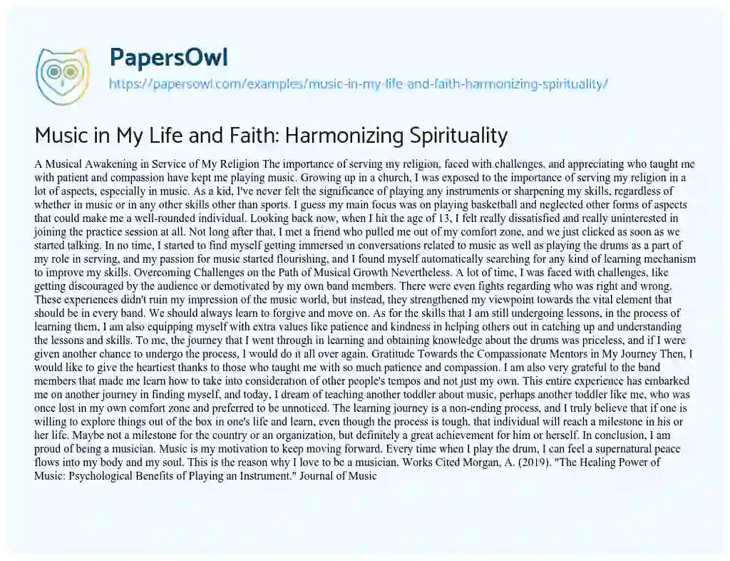 Essay on Music in my Life and Faith: Harmonizing Spirituality