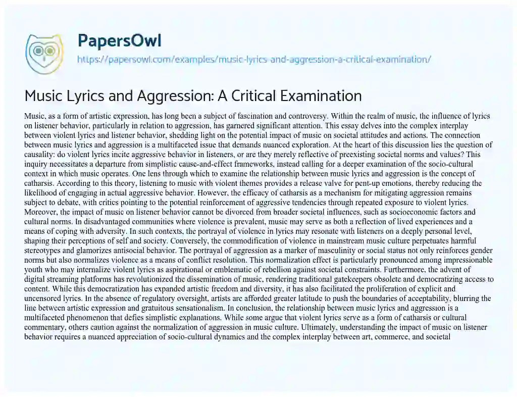 Essay on Music Lyrics and Aggression: a Critical Examination
