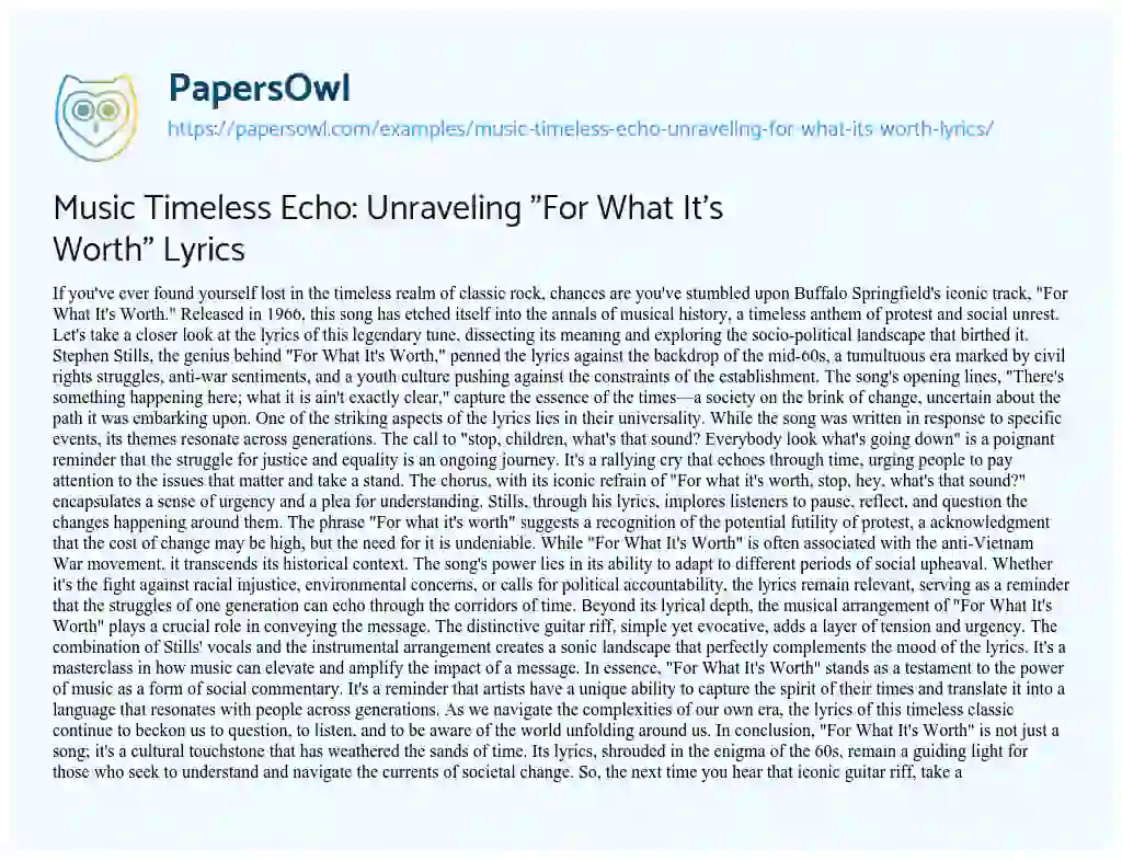 Essay on Music Timeless Echo: Unraveling “For what it’s Worth” Lyrics