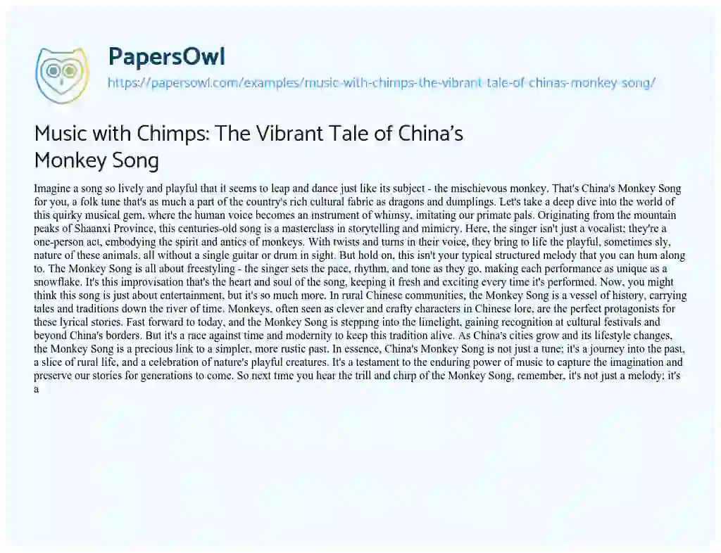 Essay on Music with Chimps: The Vibrant Tale of China’s Monkey Song