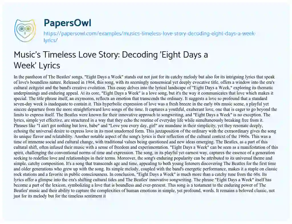Essay on Music’s Timeless Love Story: Decoding ‘Eight Days a Week’ Lyrics