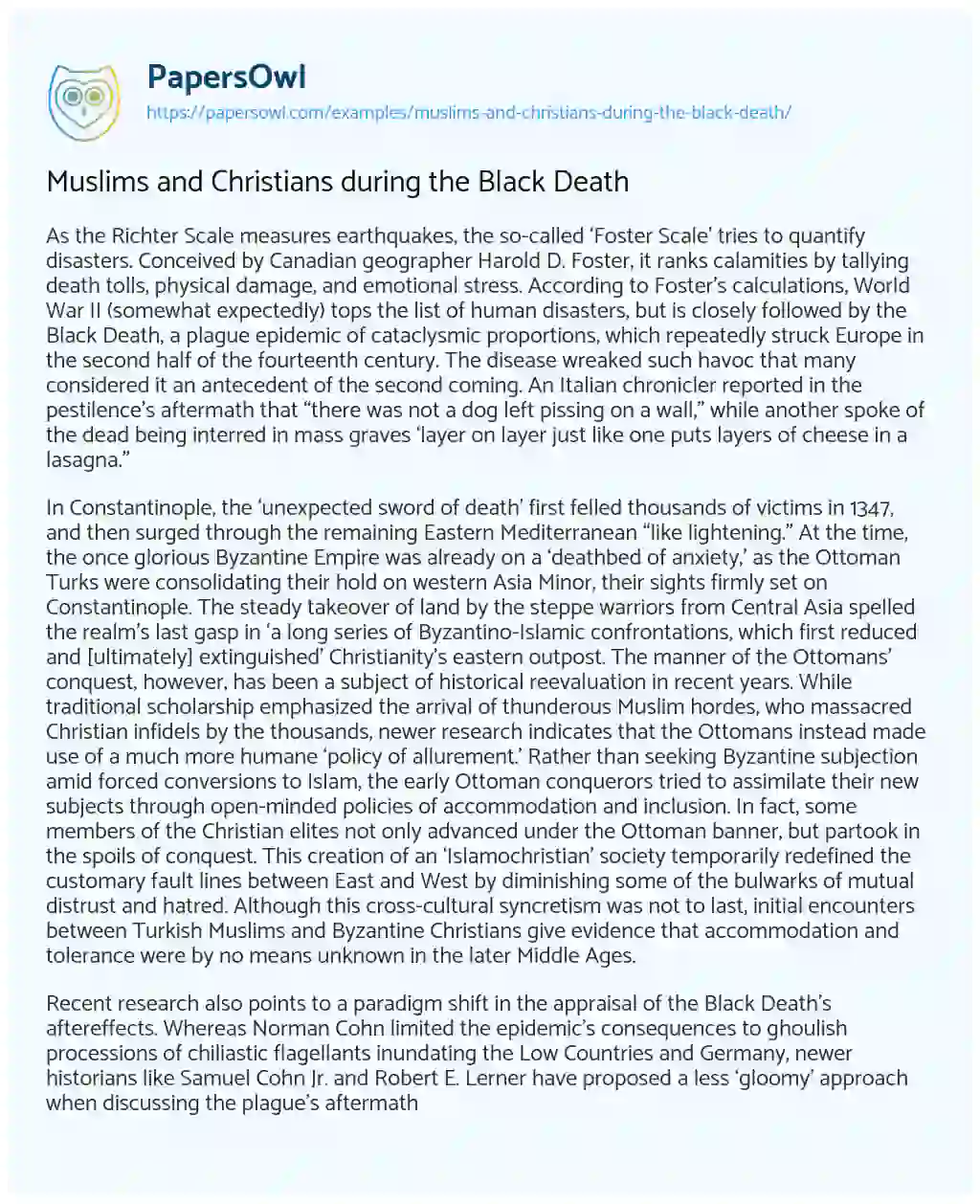 Essay on Muslims and Christians during the Black Death