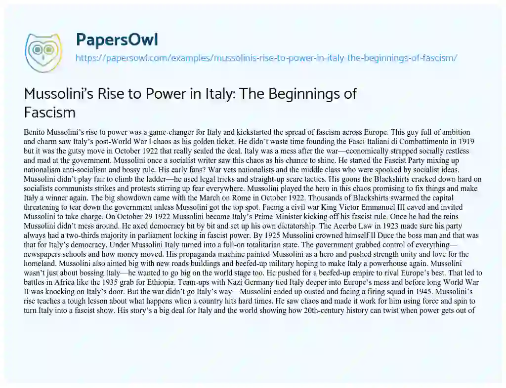 Essay on Mussolini’s Rise to Power in Italy: the Beginnings of Fascism