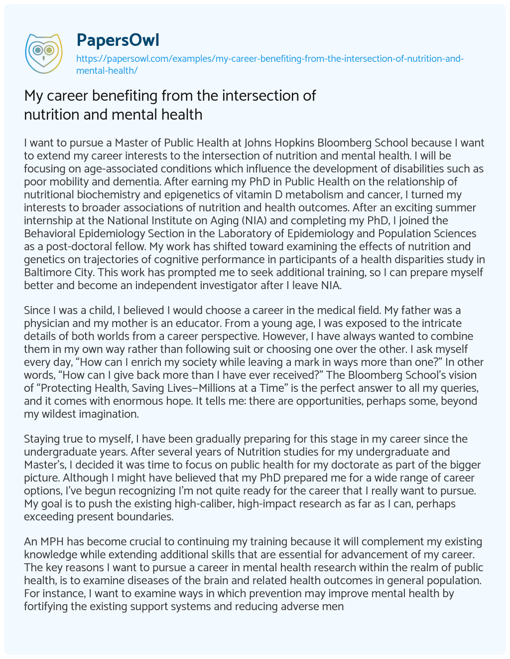 Essay on My Career Benefiting from the Intersection of Nutrition and Mental Health