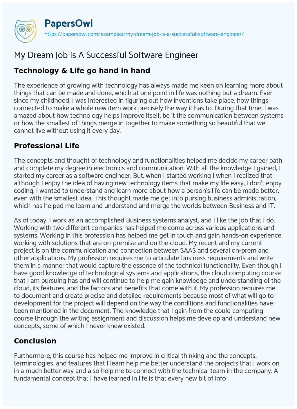 My Dream Job is a Successful Software Engineer My Dream Job is a Successful Software Engineer essay