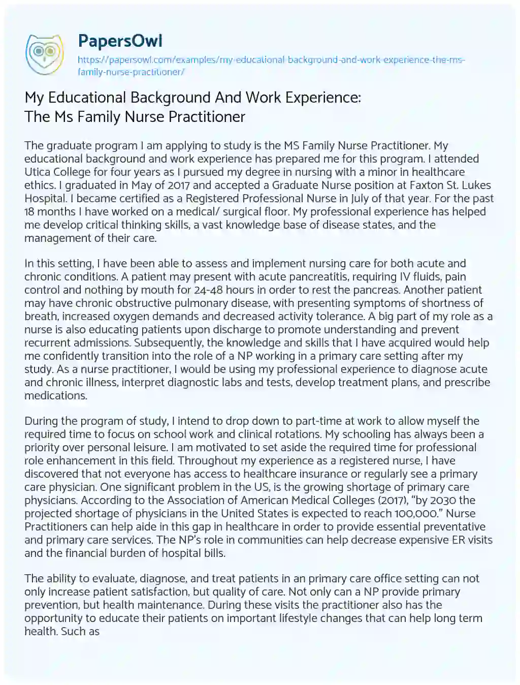 Essay on My Educational Background and Work Experience: the Ms Family Nurse Practitioner