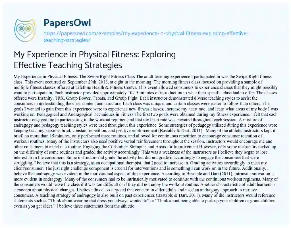 Essay on My Experience in Physical Fitness: Exploring Effective Teaching Strategies