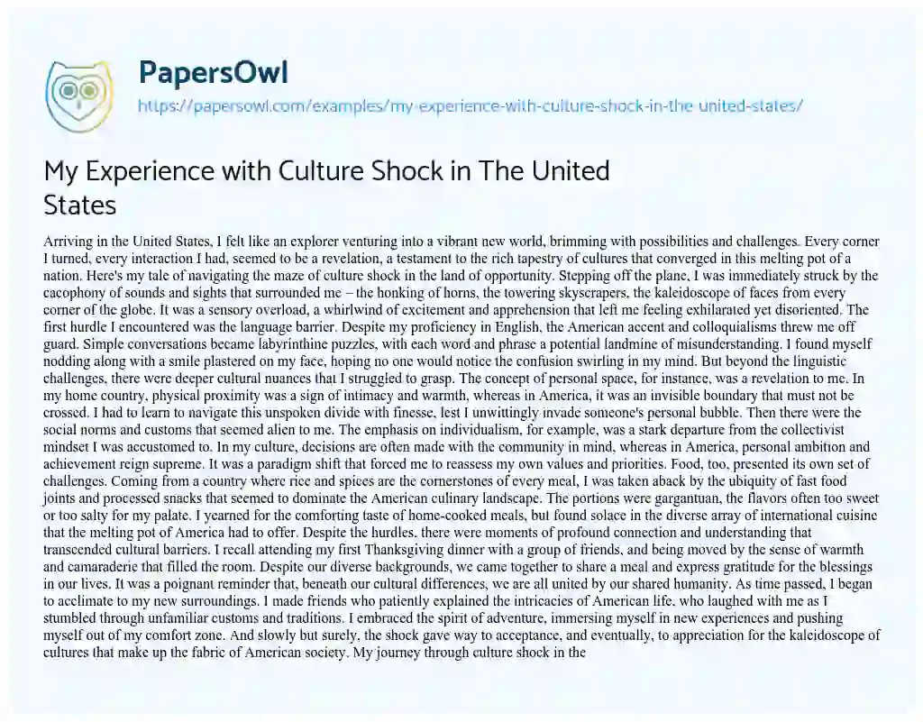 Essay on My Experience with Culture Shock in the United States