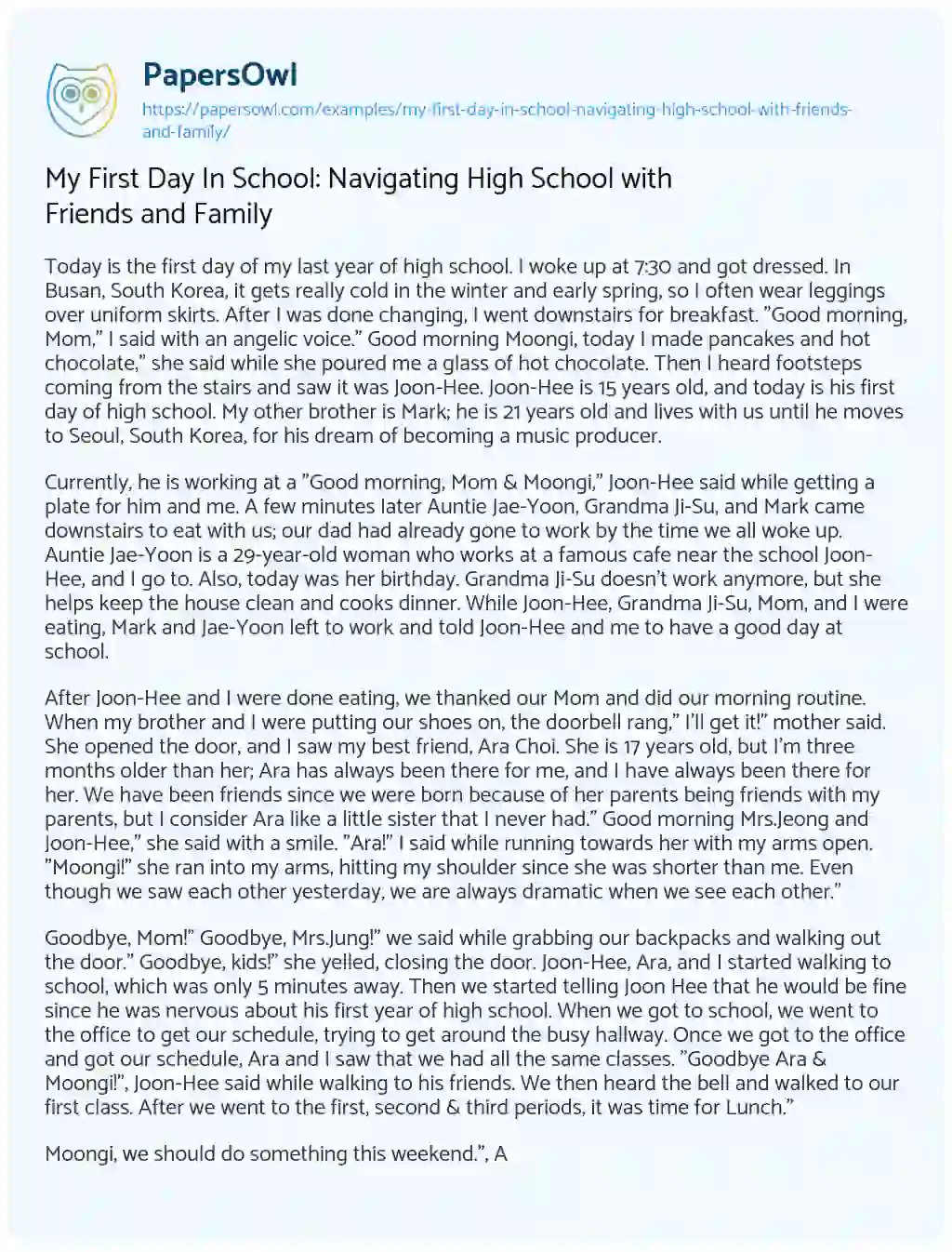Essay on My First Day in School: Navigating High School with Friends and Family