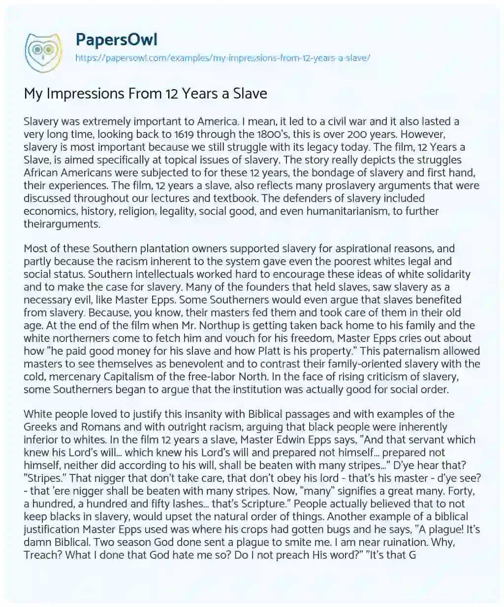 Essay on My Impressions from 12 Years a Slave