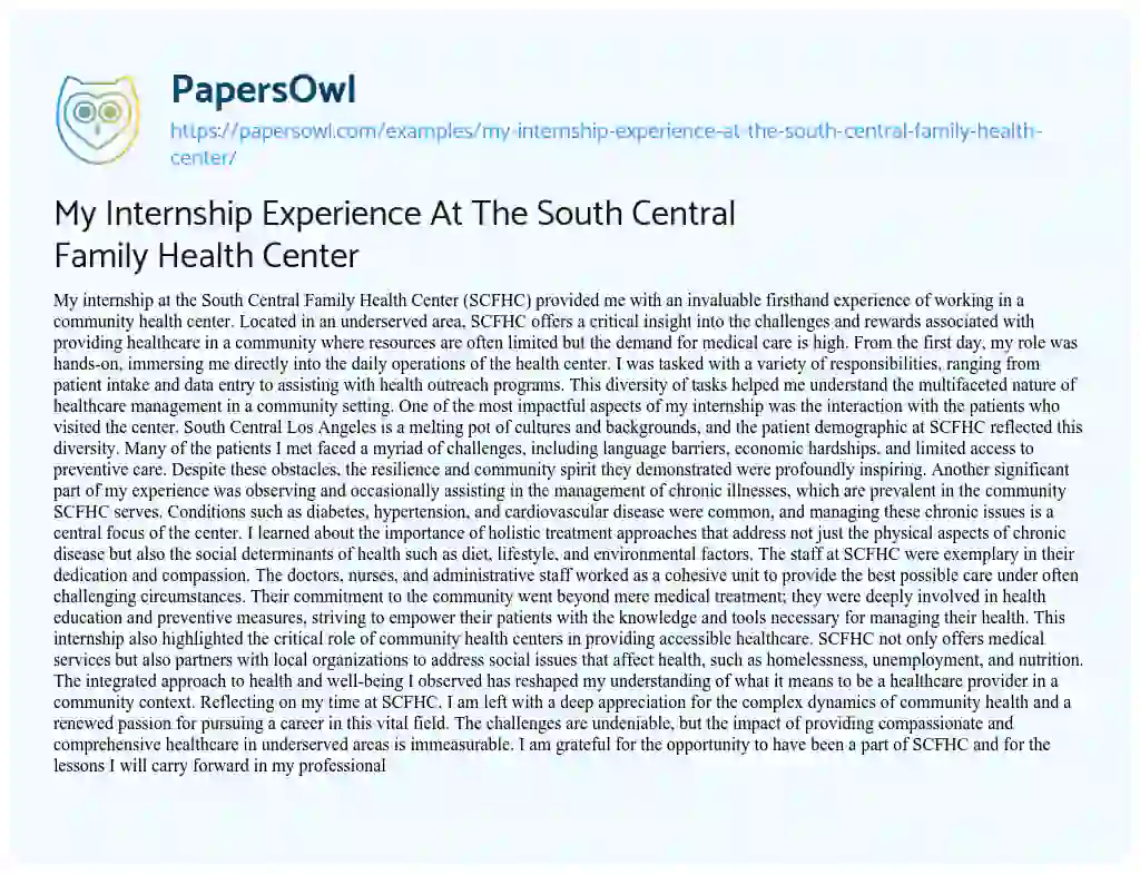 Essay on My Internship Experience at the South Central Family Health Center