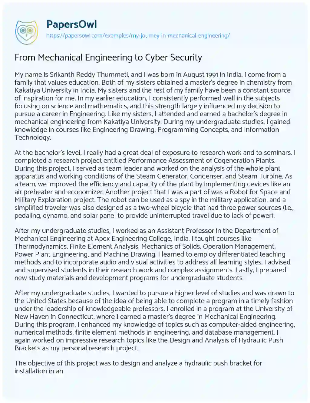 Essay on From Mechanical Engineering to Cyber Security