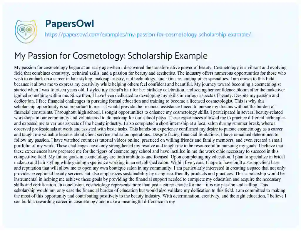 Essay on My Passion for Cosmetology: Scholarship Example