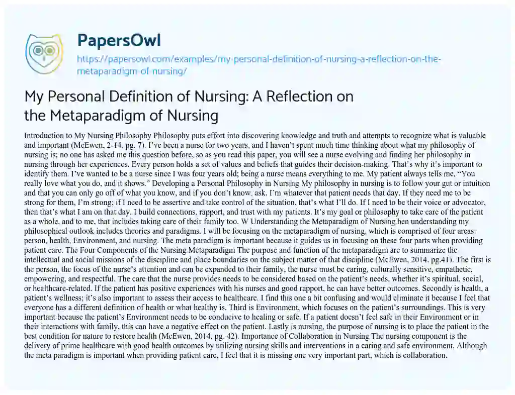 Essay on My Personal Definition of Nursing: a Reflection on the Metaparadigm of Nursing