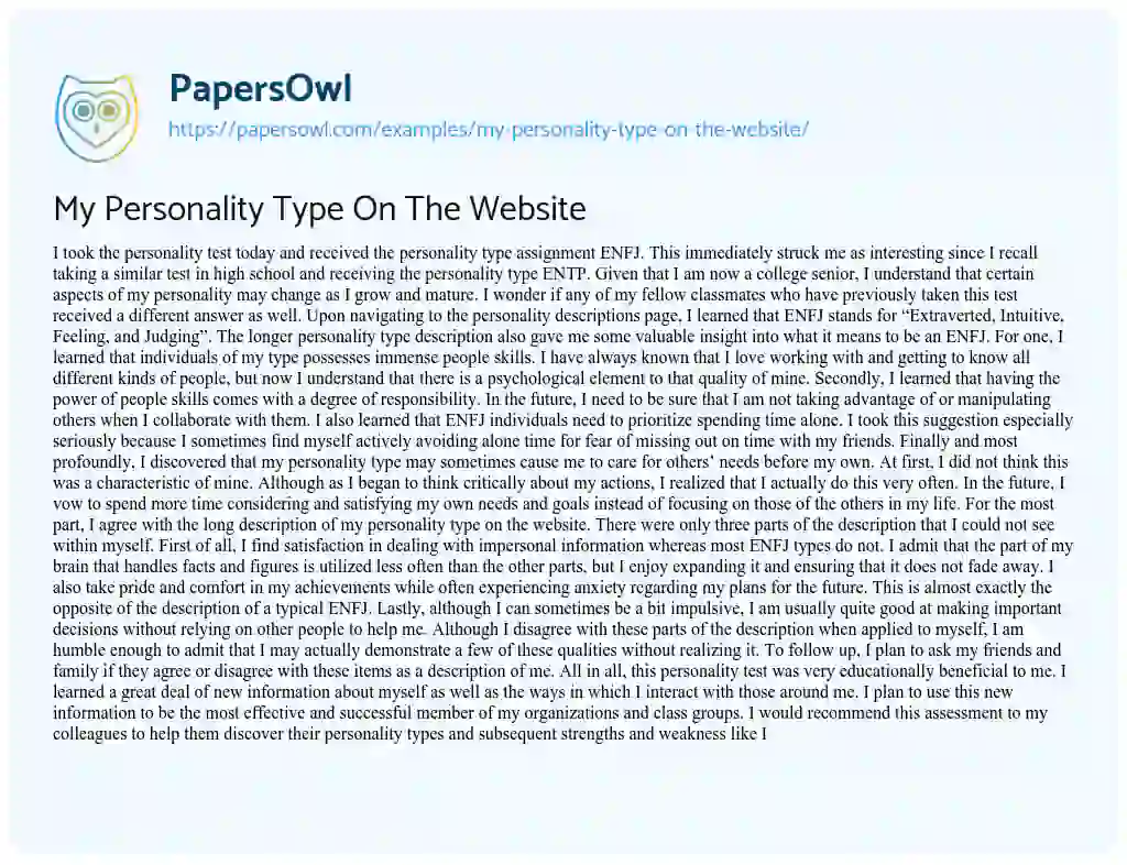 Essay on My Personality Type on the Website