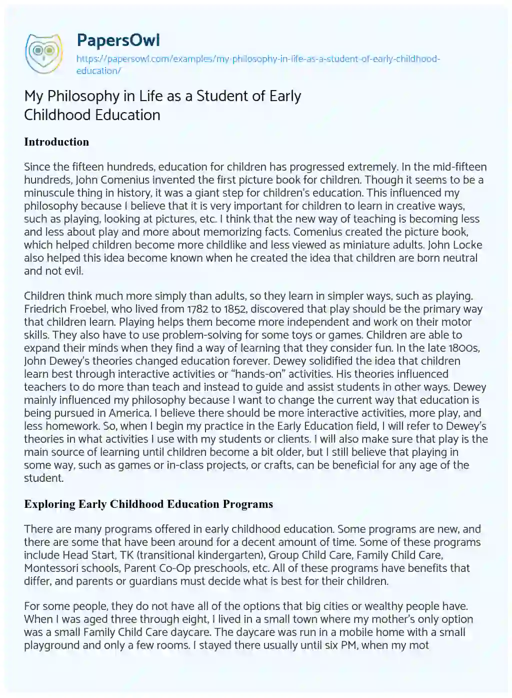 Essay on My Philosophy in Life as a Student of Early Childhood Education