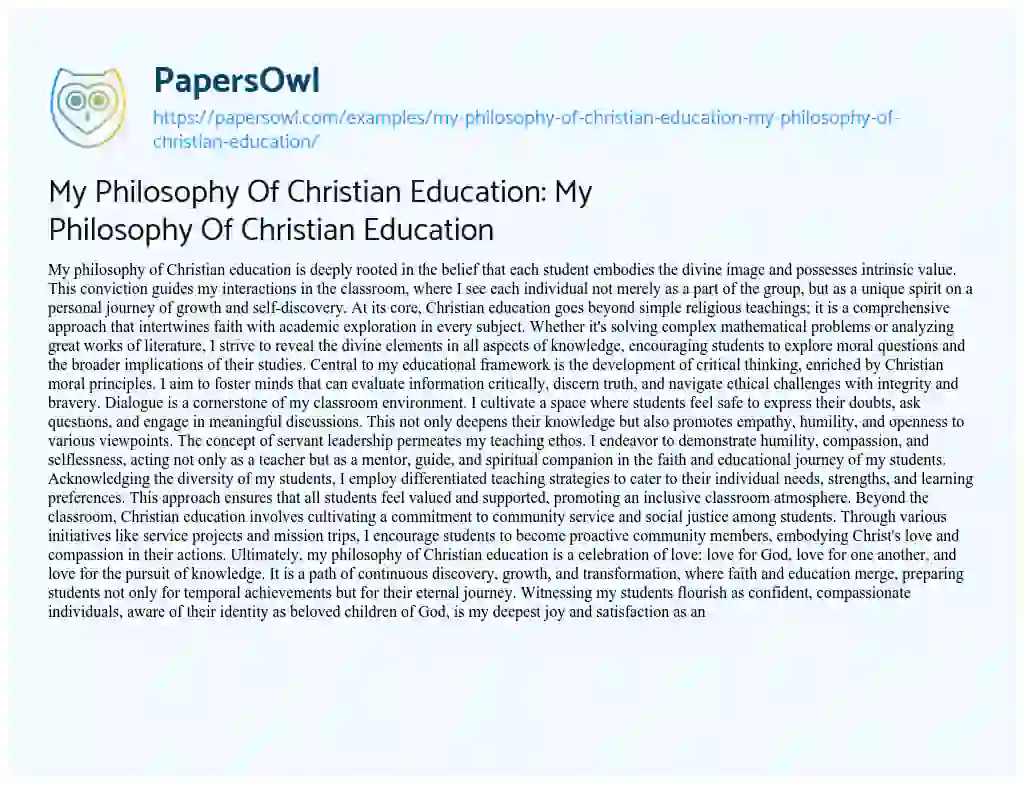 Essay on My Philosophy of Christian Education: my Philosophy of Christian Education