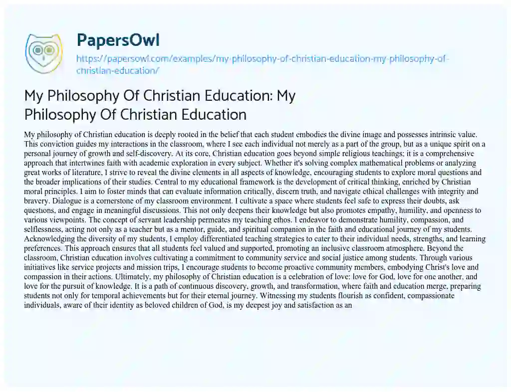 Essay on My Philosophy Of Christian Education: My Philosophy Of Christian Education