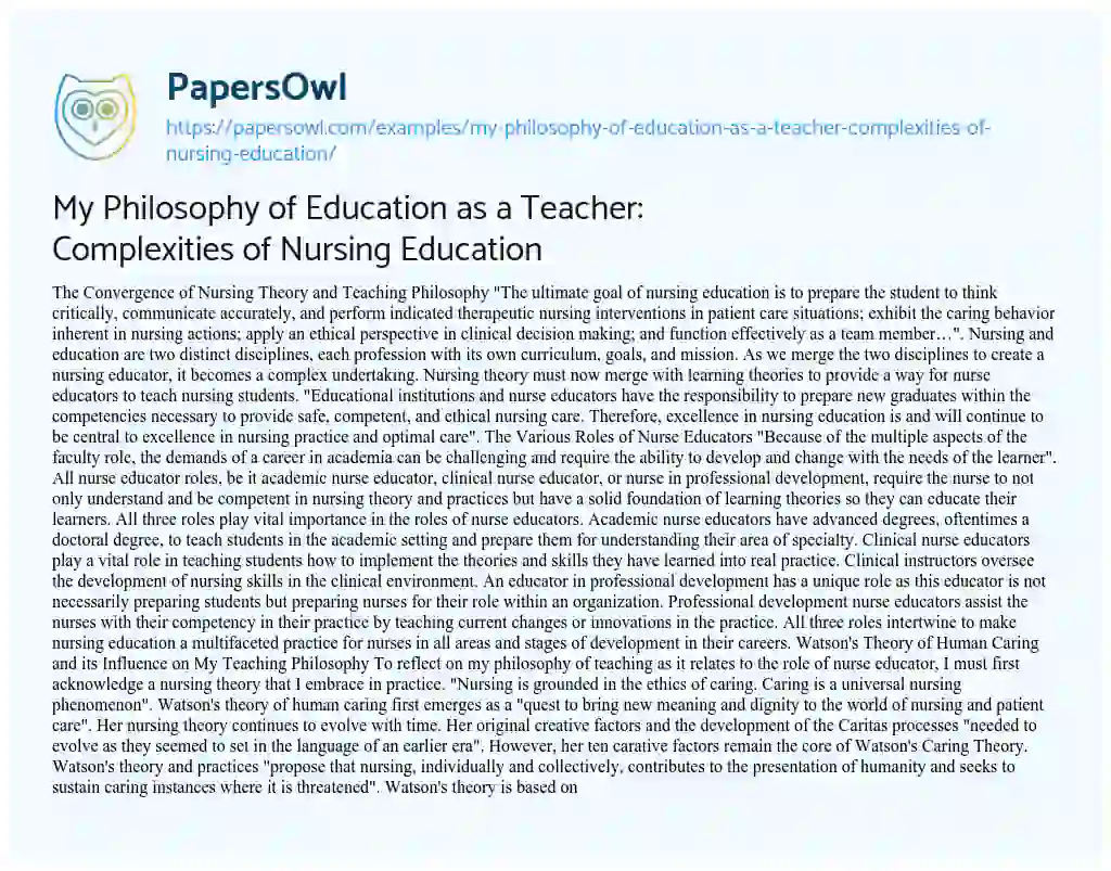 Essay on My Philosophy of Education as a Teacher: Complexities of Nursing Education