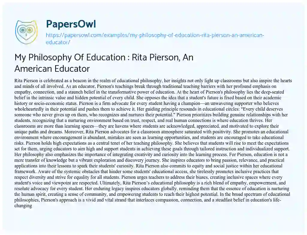 Essay on My Philosophy of Education : Rita Pierson, an American Educator