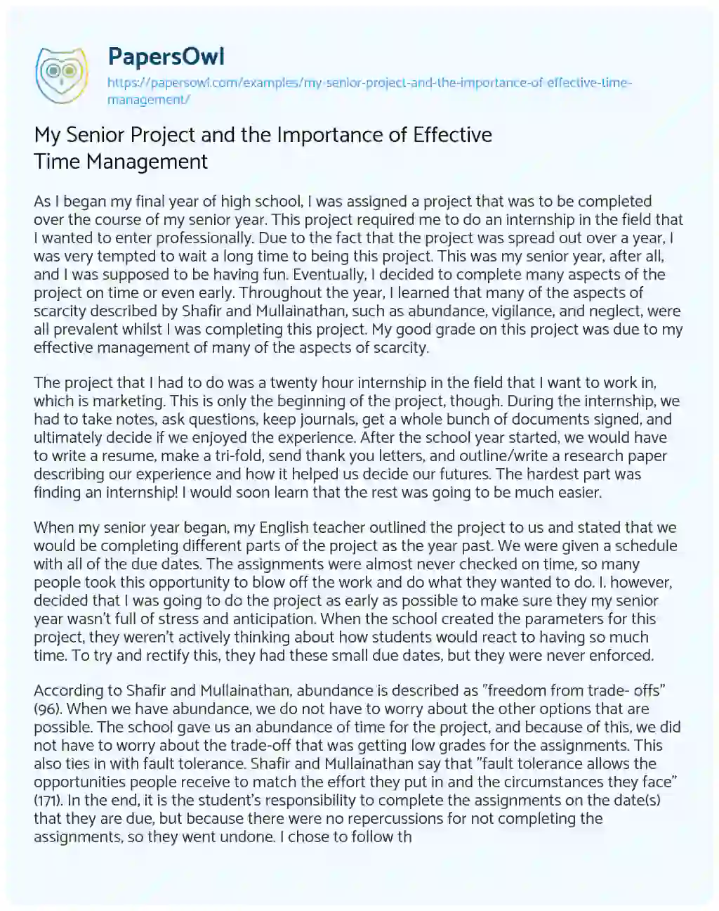 Essay on My Senior Project and the Importance of Effective Time Management