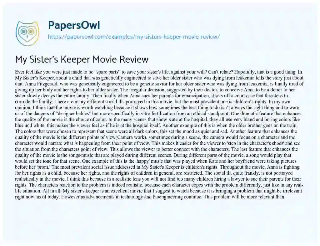 Essay on My Sister’s Keeper Movie Review
